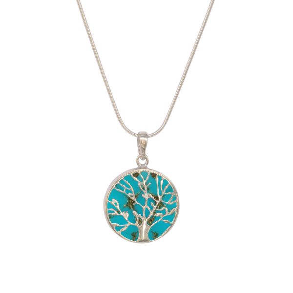 Silver Turquoise Round Double Sided Tree of Life Pendant