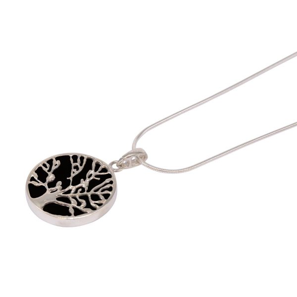 Silver Whitby Jet Round Double Sided Tree of Life Pendant