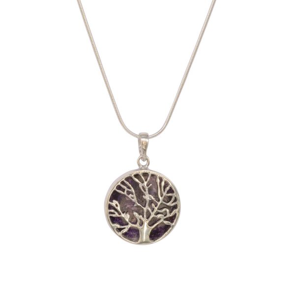 White Gold Blue John Round Double Sided Tree of Life Pendant