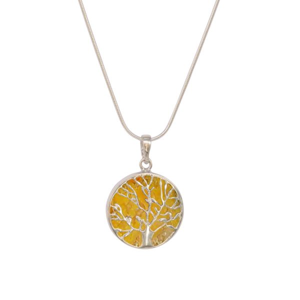 White Gold Bumblebee Jasper Round Double Sided Tree of Life Pendant