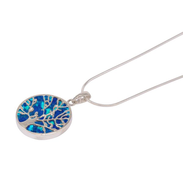 White Gold Opalite Cobalt Blue Round Double Sided Tree of Life Pendant