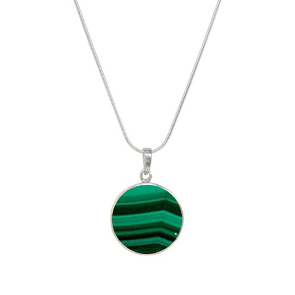 White Gold Malachite Round Double Sided Tree of Life Pendant