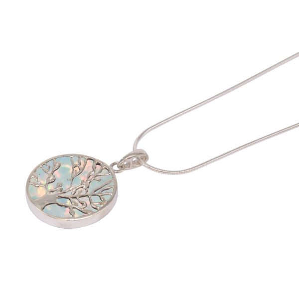 White Gold Opalite Sun Ice Round Double Sided Tree of Life Pendant