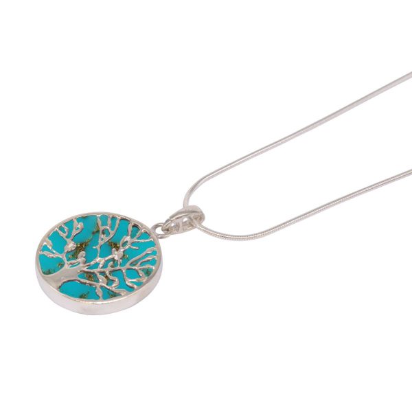 White Gold Turquoise Round Double Sided Tree of Life Pendant