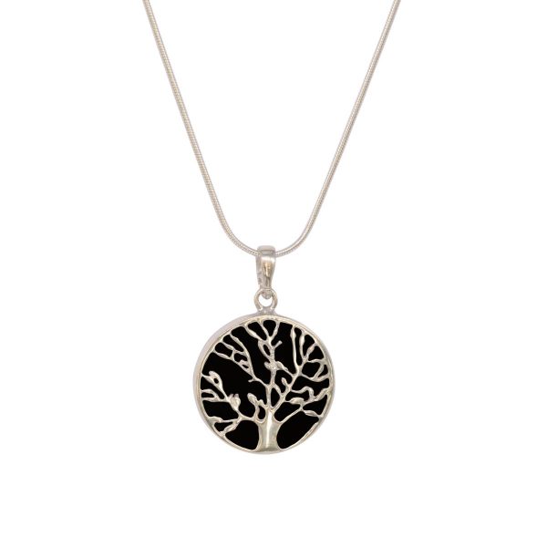 White Gold Whitby Jet Round Double Sided Tree of Life Pendant