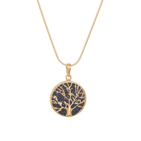 Yellow Gold Blue Goldstone Round Double Sided Tree of Life Pendant