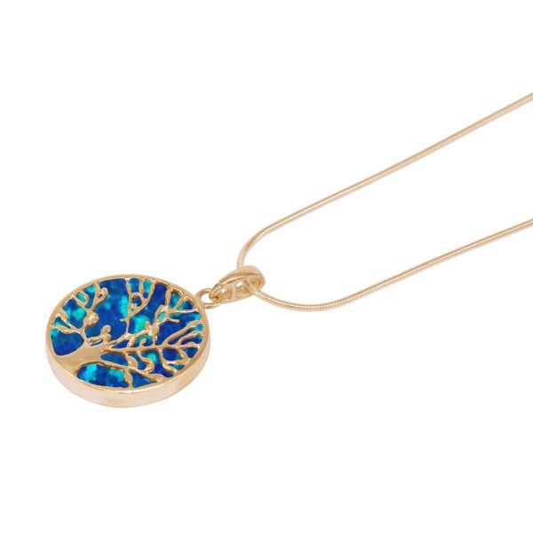 Yellow Gold Opalite Cobalt Blue Round Double Sided Tree of Life Pendant