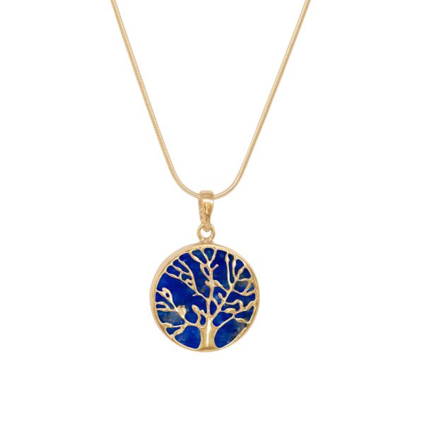 Yellow Gold Lapis Round Double Sided Tree of Life Pendant