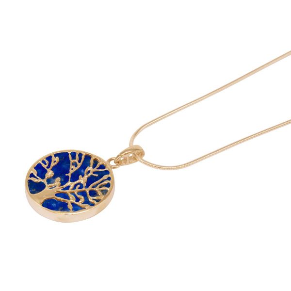 Yellow Gold Lapis Round Double Sided Tree of Life Pendant