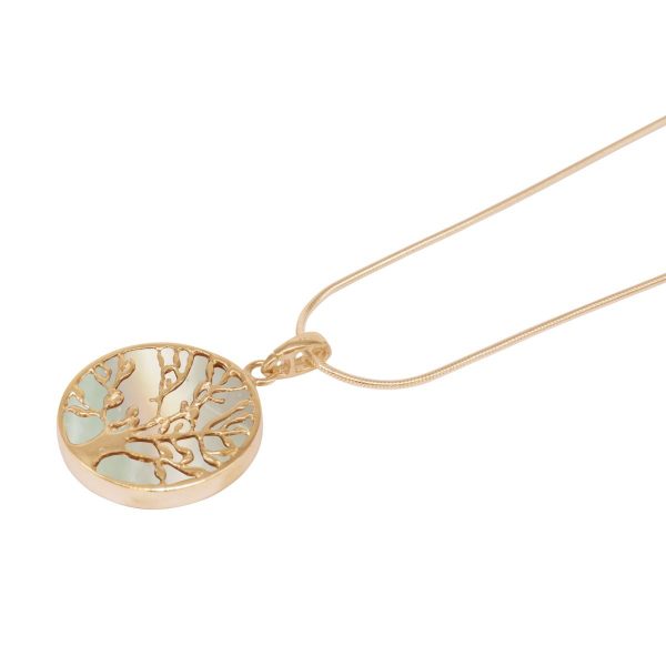 Yellow Gold Mother of Pearl Round Double Sided Tree of Life Pendant
