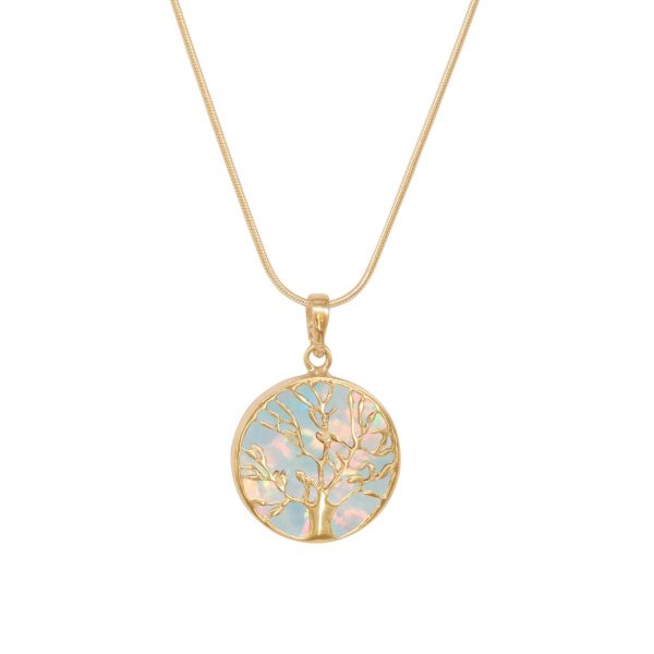 Yellow Gold Opalite Sun Ice Round Double Sided Tree of Life Pendant