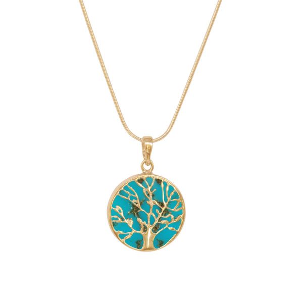 Yellow Gold Turquoise Round Double Sided Tree of Life Pendant