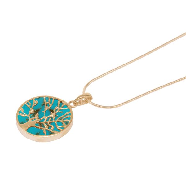 Yellow Gold Turquoise Round Double Sided Tree of Life Pendant