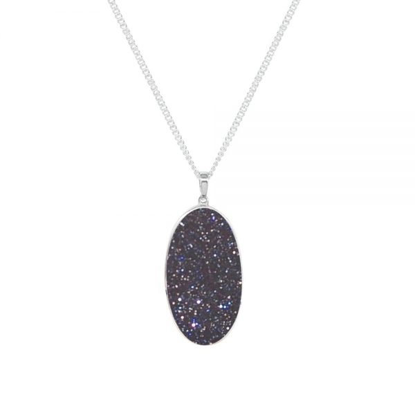 White Gold Blue Goldstone Large Oval Pendant