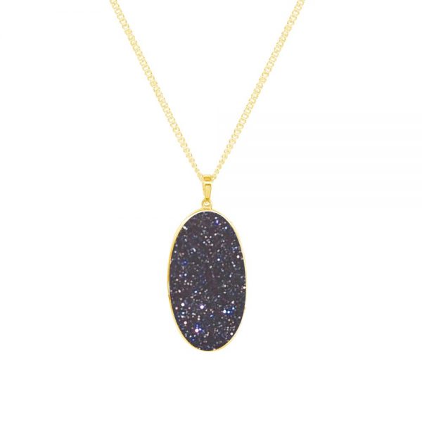 Yellow Gold Blue Goldstone Large Oval Pendant