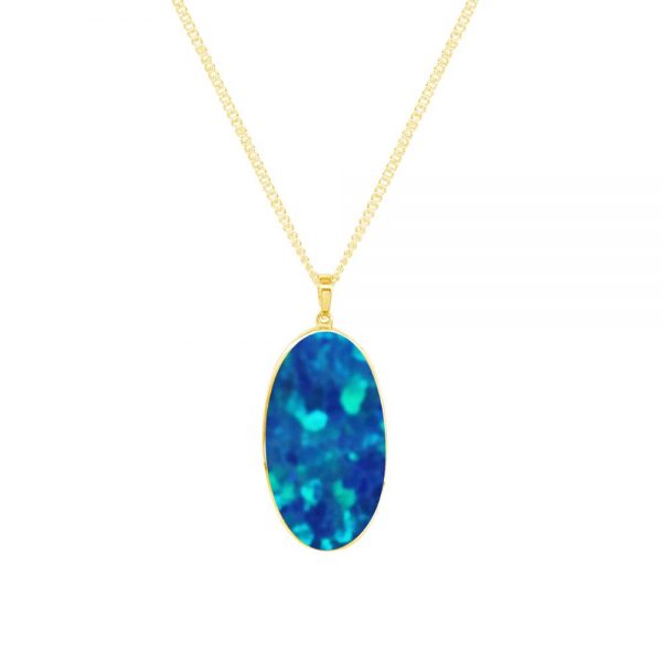 Yellow Gold Opalite Cobalt Blue Large Oval Pendant